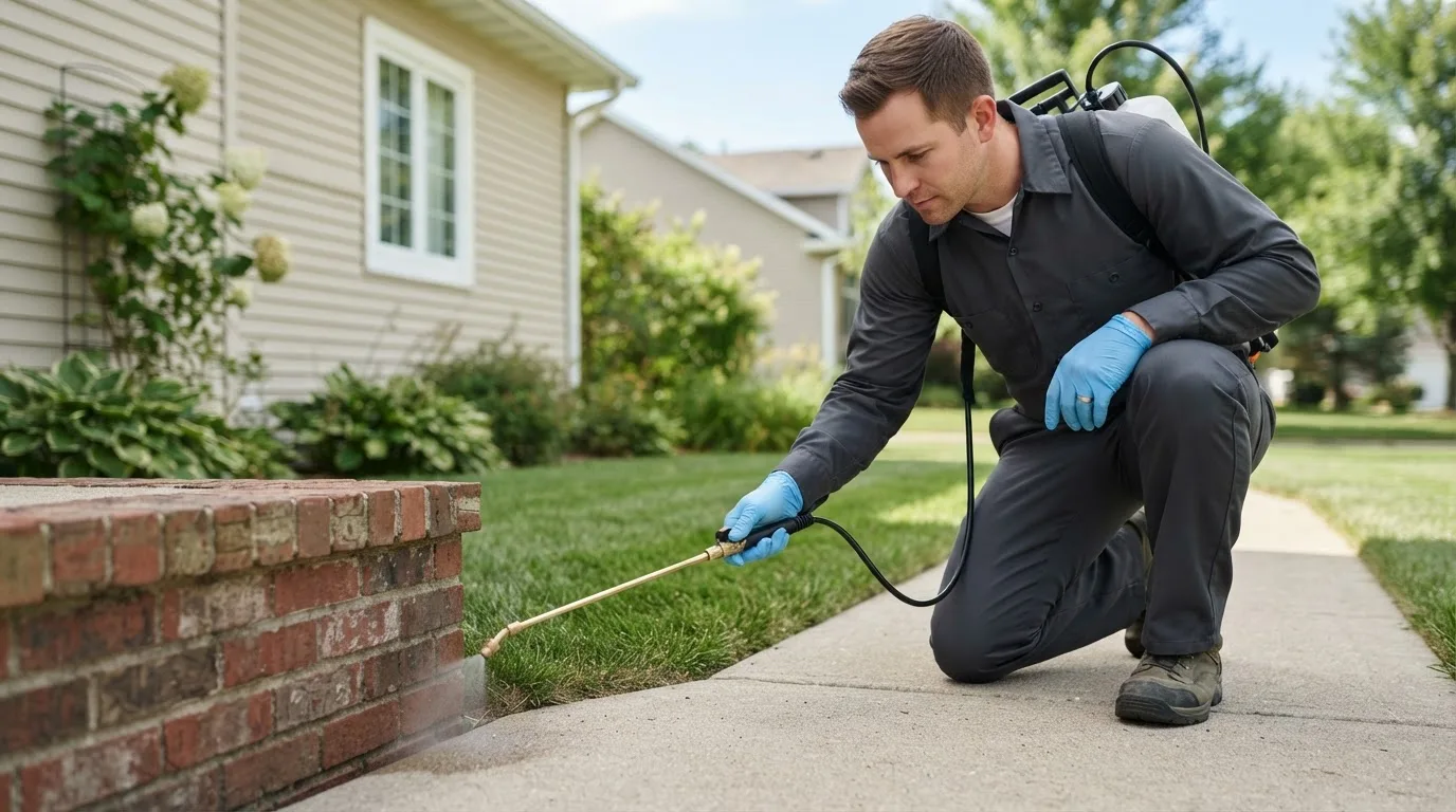 Pest control technician treating a home near Forestville, NY