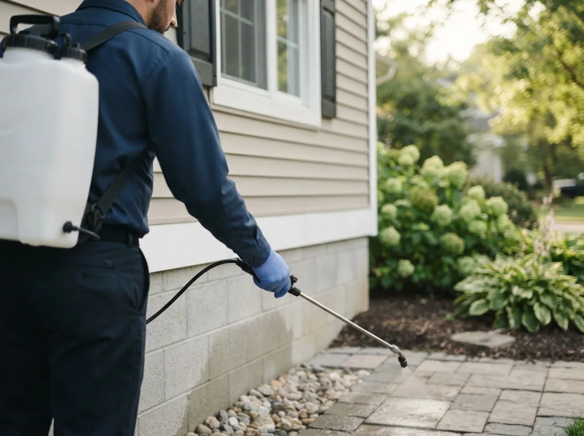 Pest control technician inspecting a home in Forestville, NY
